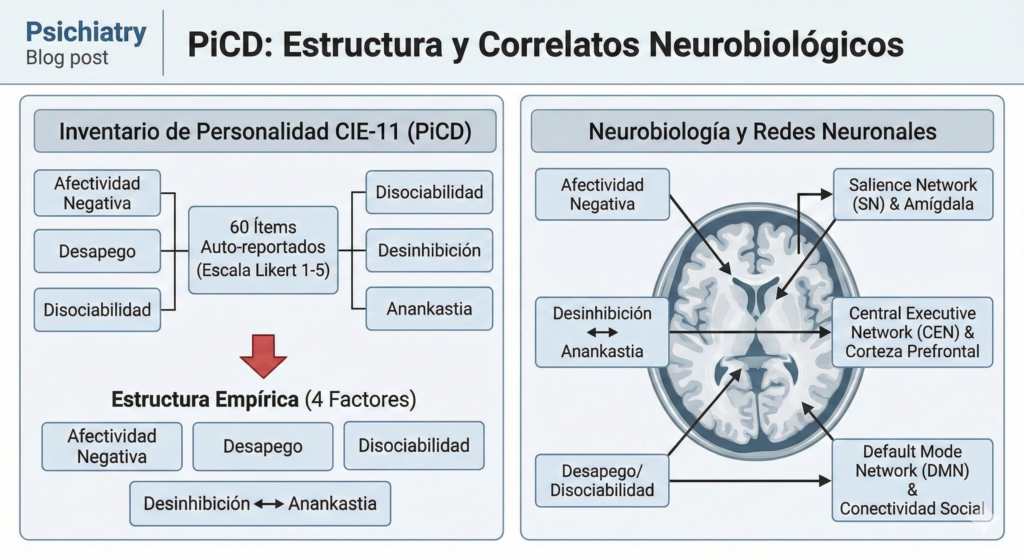 Infografía técnica sobre el PiCD CIE-11 y redes neuronales